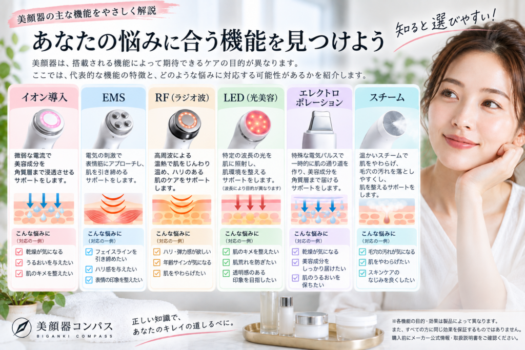 美顔器の主な機能と特徴を比較した図解