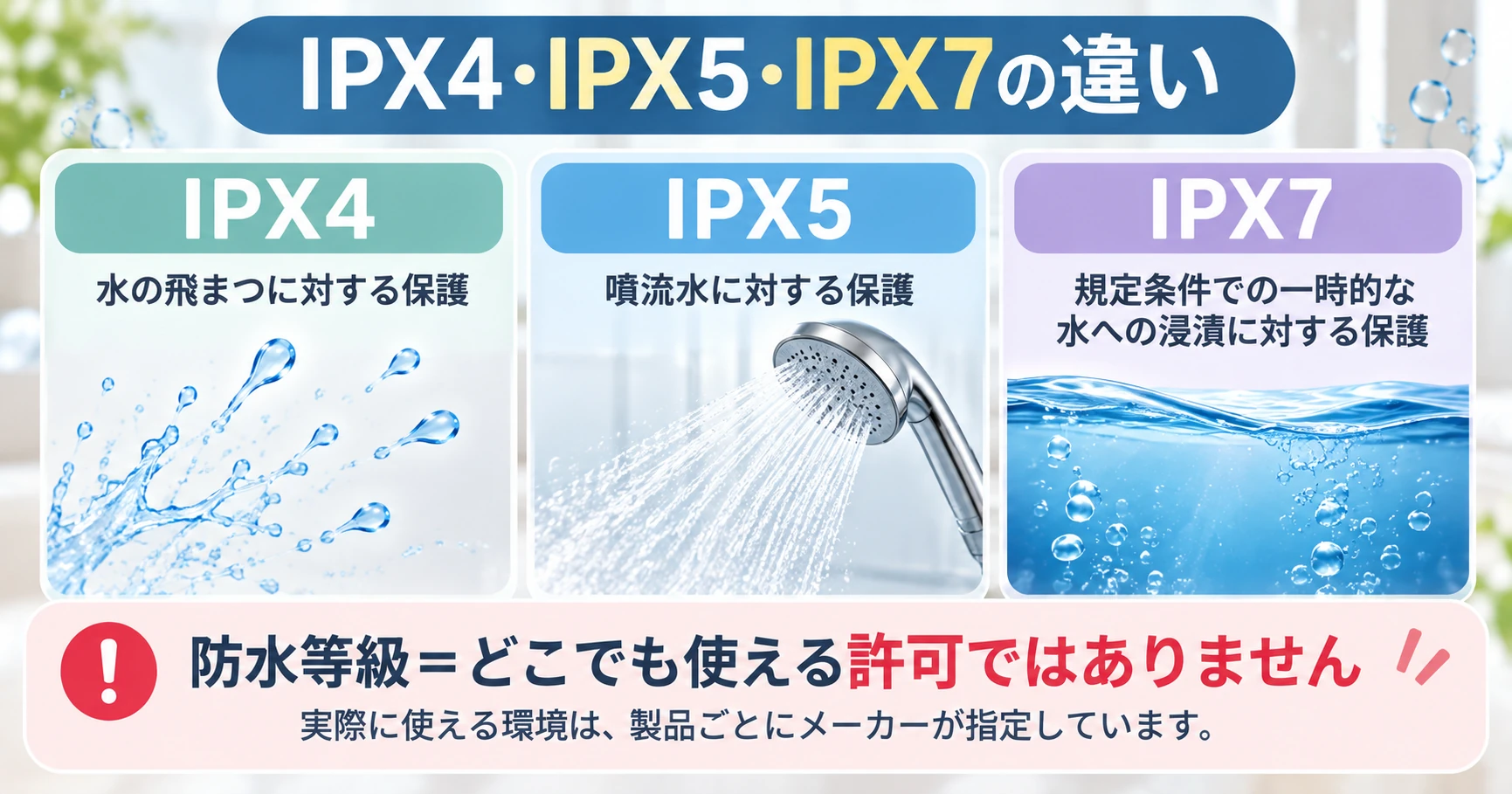 IPX4・IPX5・IPX7の防水等級の違いを示す図解