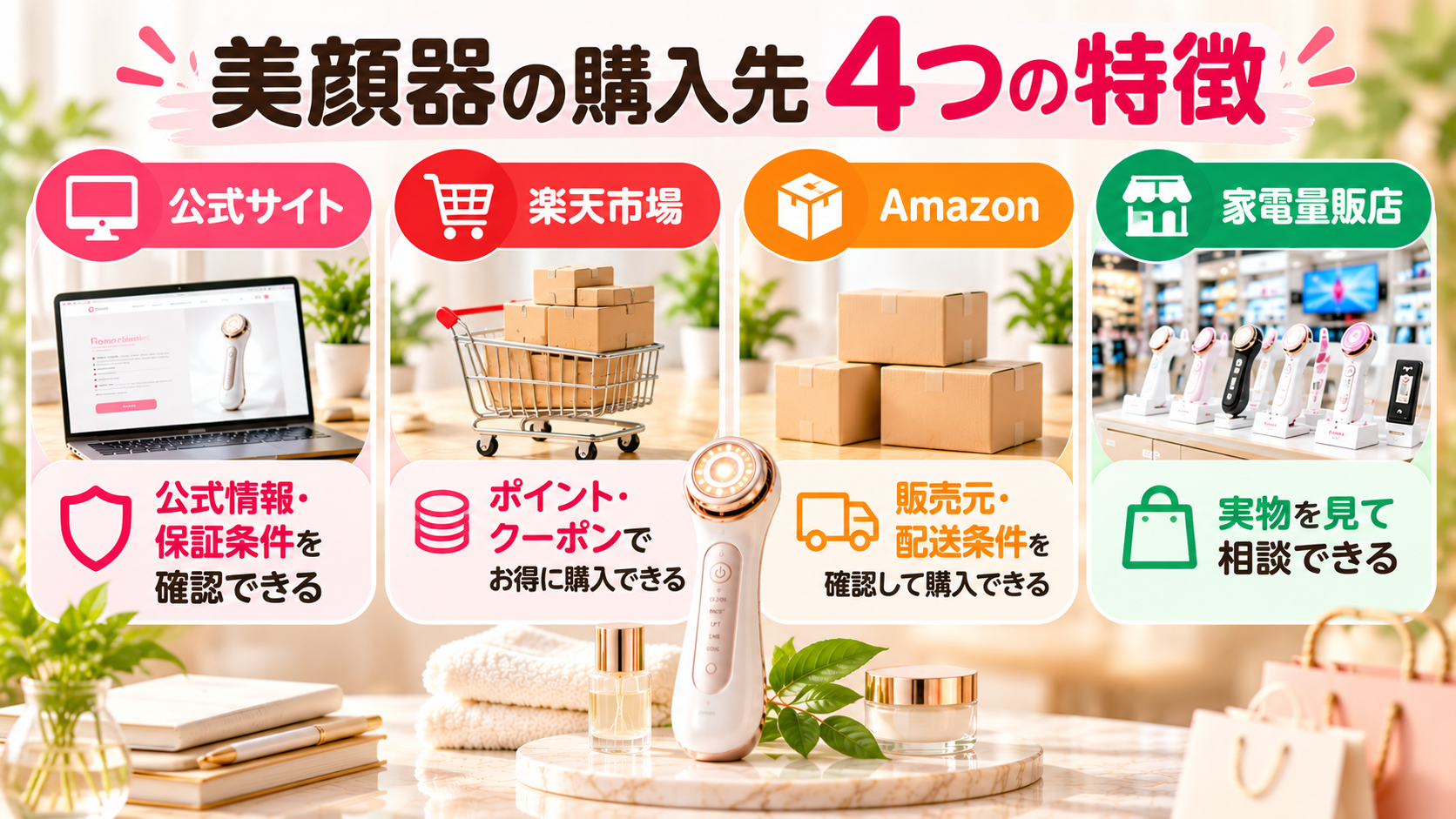 美顔器の購入先4つの特徴を示した図解