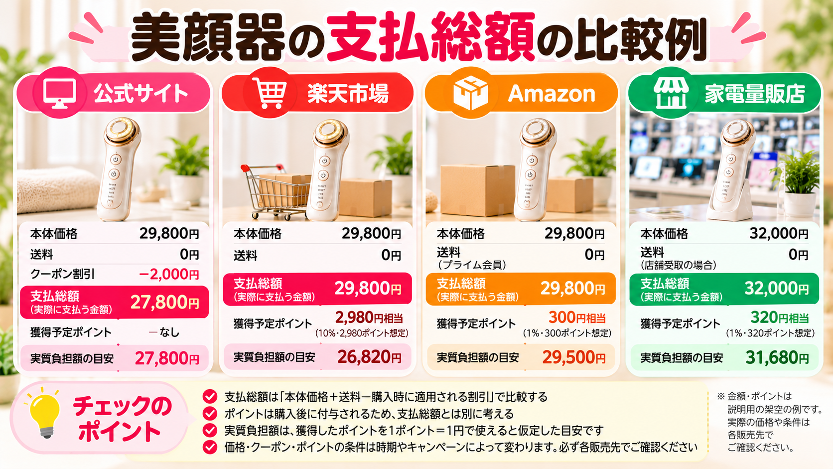 美顔器の購入先ごとの支払総額とポイント還元を分けた比較例
